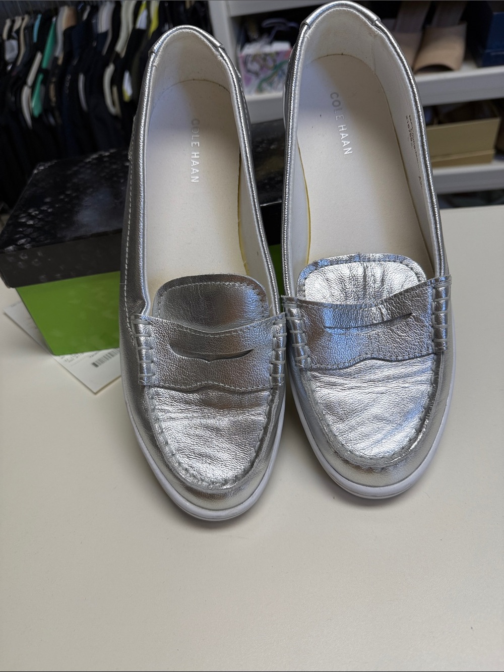 Cole Haan Metallic Silver Penny Loafers
